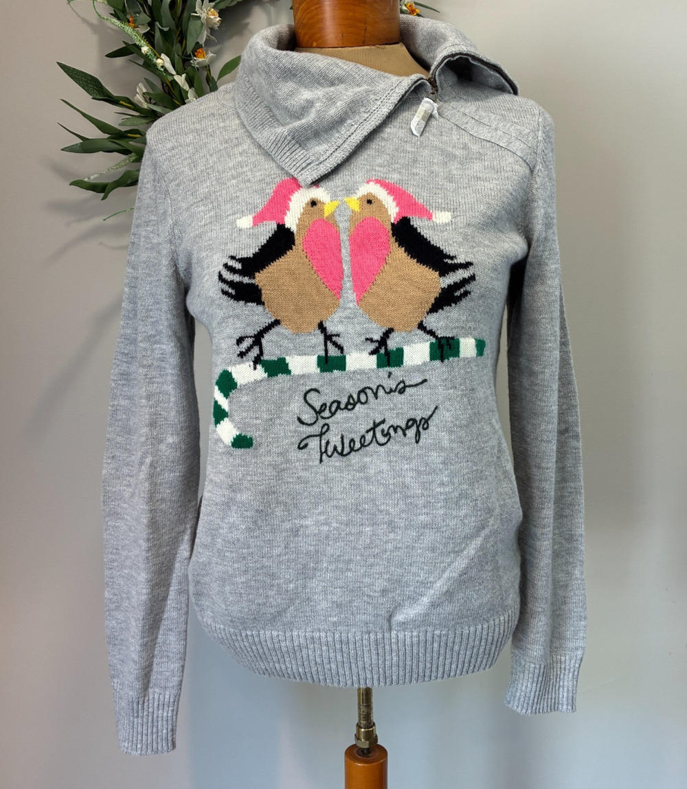 Talbots Lambswool Blend Gray Sweater Seasons Tweetings Birds, Petite Medium, NWT